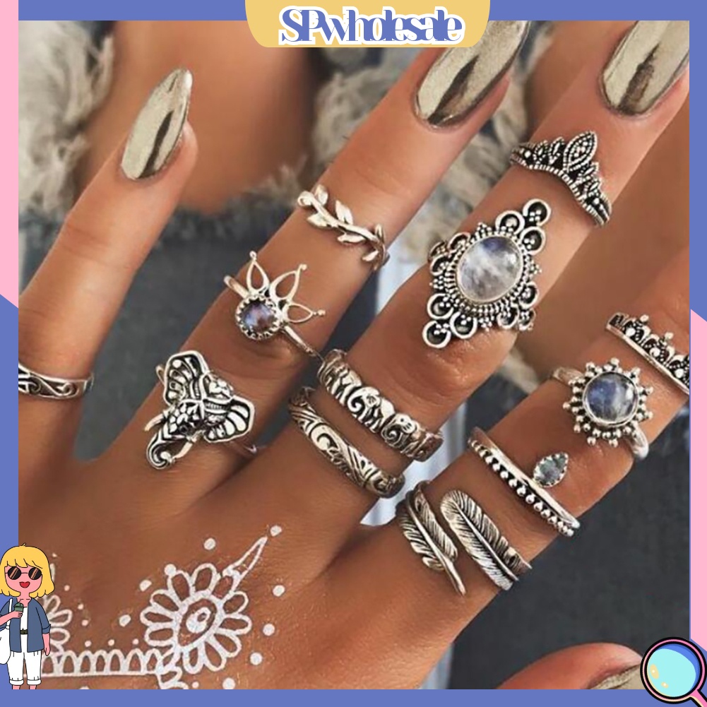 {SPwholesale} 12 nhẫn đeo tay kim loại đính đá vintage cho nữ