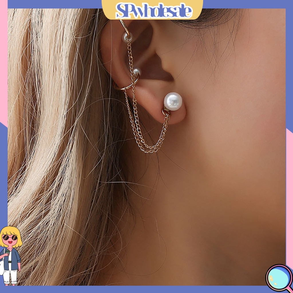 {SPwholesale} Khuyên Đeo Vành Tai Dạng Dây Xích Đính Ngọc Trai Nhân Tạo Thời Trang