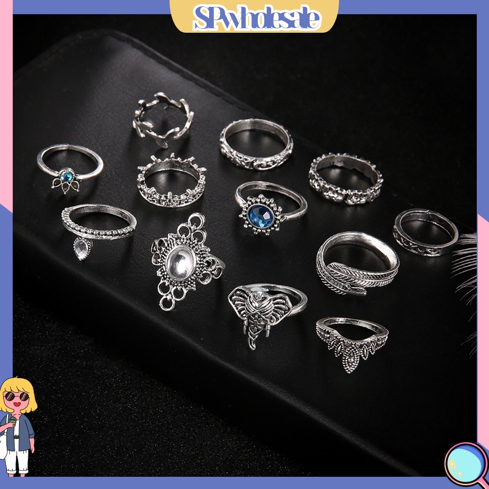 {SPwholesale} 12 nhẫn đeo tay kim loại đính đá vintage cho nữ