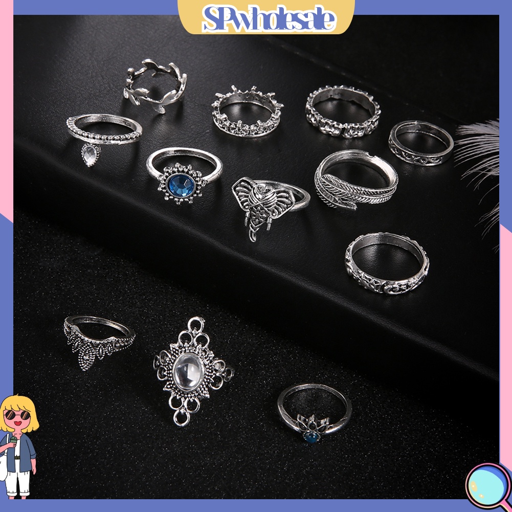 {SPwholesale} 12 nhẫn đeo tay kim loại đính đá vintage cho nữ