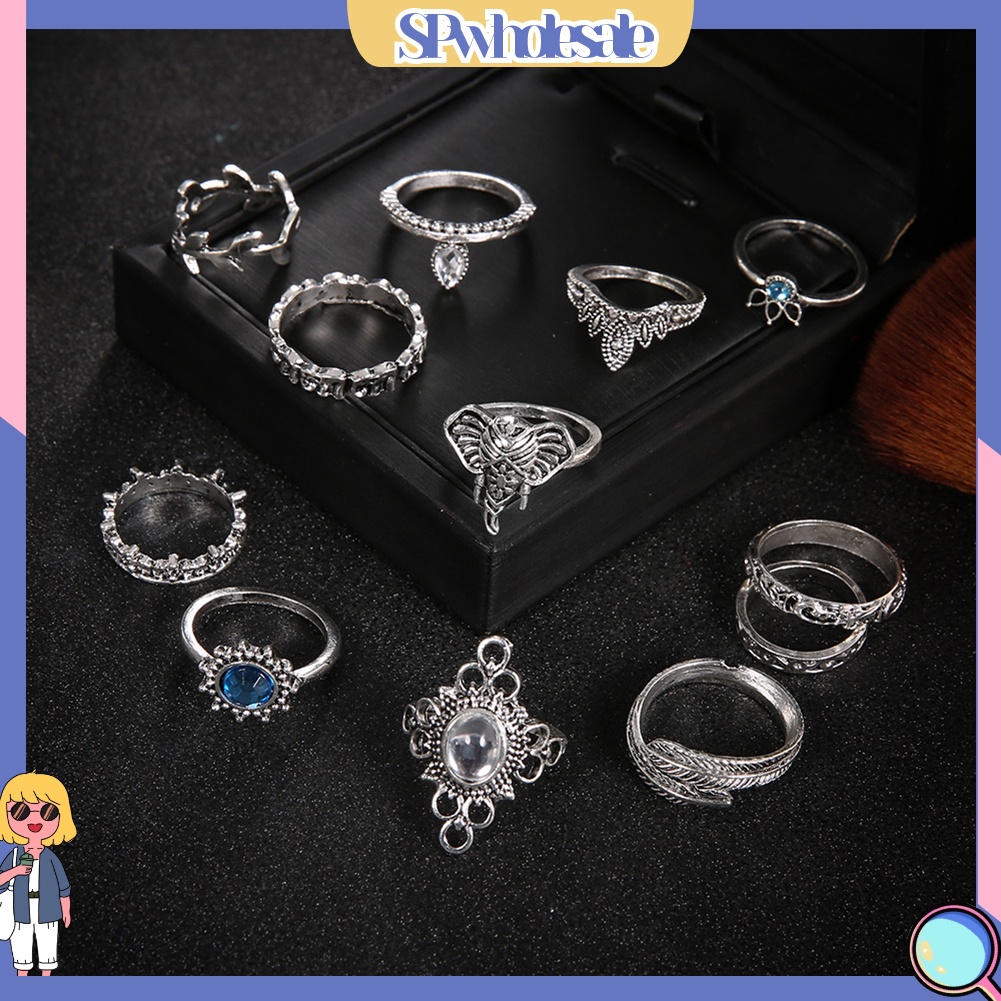 {SPwholesale} 12 nhẫn đeo tay kim loại đính đá vintage cho nữ