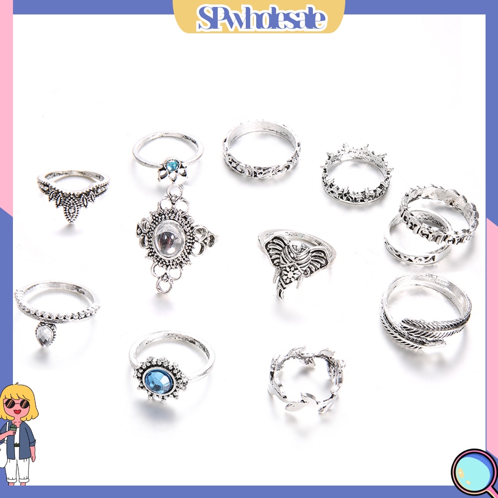 {SPwholesale} 12 nhẫn đeo tay kim loại đính đá vintage cho nữ