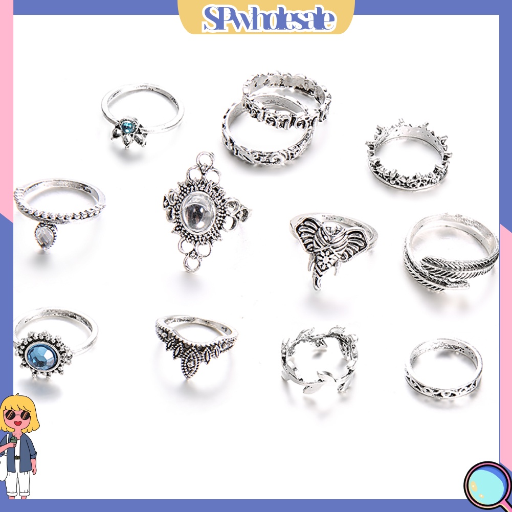 {SPwholesale} 12 nhẫn đeo tay kim loại đính đá vintage cho nữ