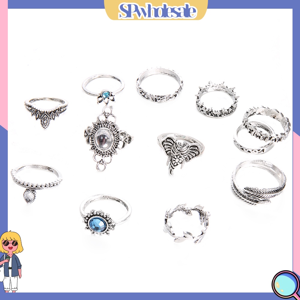 {SPwholesale} 12 nhẫn đeo tay kim loại đính đá vintage cho nữ