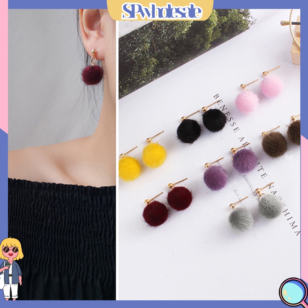 {SPwholesale} Đôi khuyên tai dài gắn quả cầu lông thời trang cho nữ