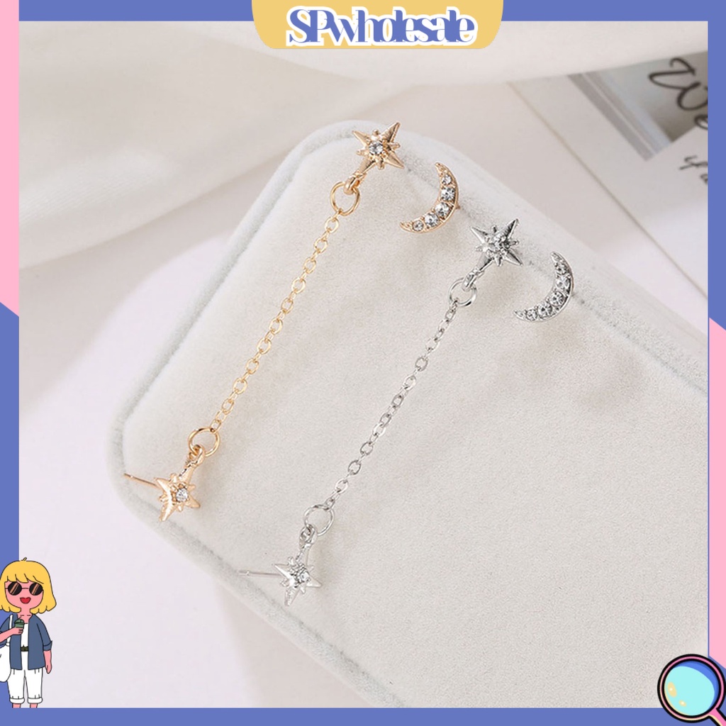 {SPwholesale} Set 2 đôi bông tai nữ thiết kế xỏ 3 lỗ mặt hình mặt trăng ngôi sao