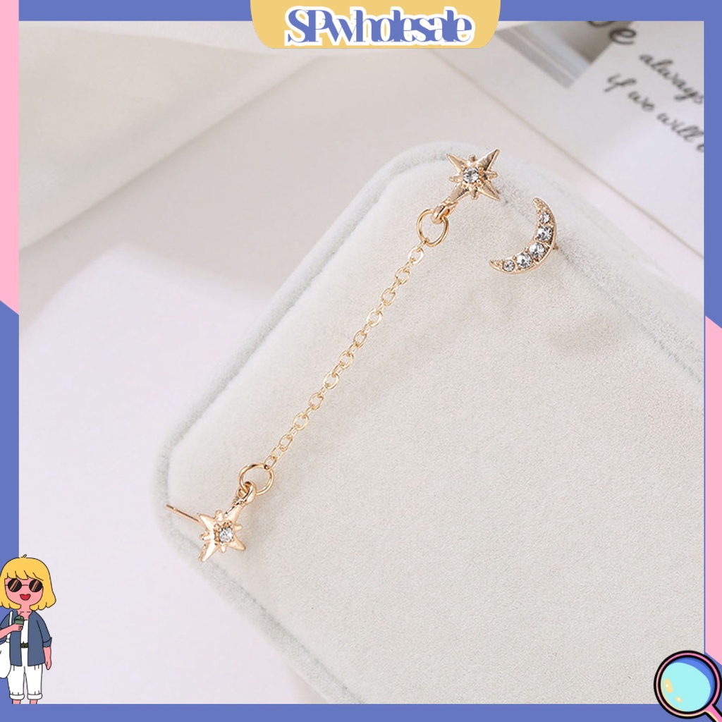 {SPwholesale} Set 2 đôi bông tai nữ thiết kế xỏ 3 lỗ mặt hình mặt trăng ngôi sao