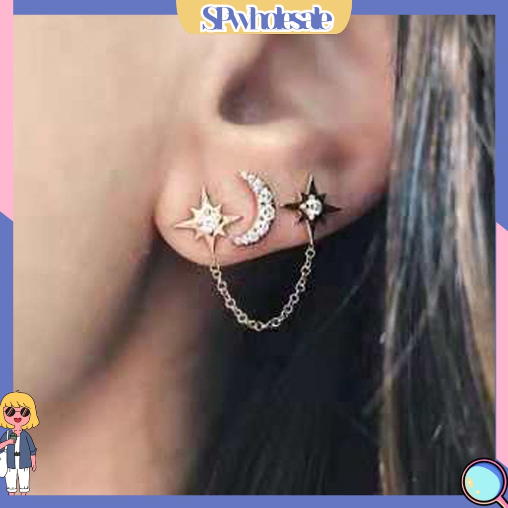 {SPwholesale} Set 2 đôi bông tai nữ thiết kế xỏ 3 lỗ mặt hình mặt trăng ngôi sao