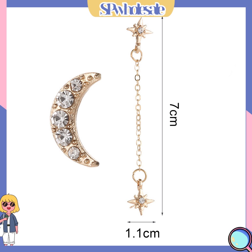 {SPwholesale} Set 2 đôi bông tai nữ thiết kế xỏ 3 lỗ mặt hình mặt trăng ngôi sao