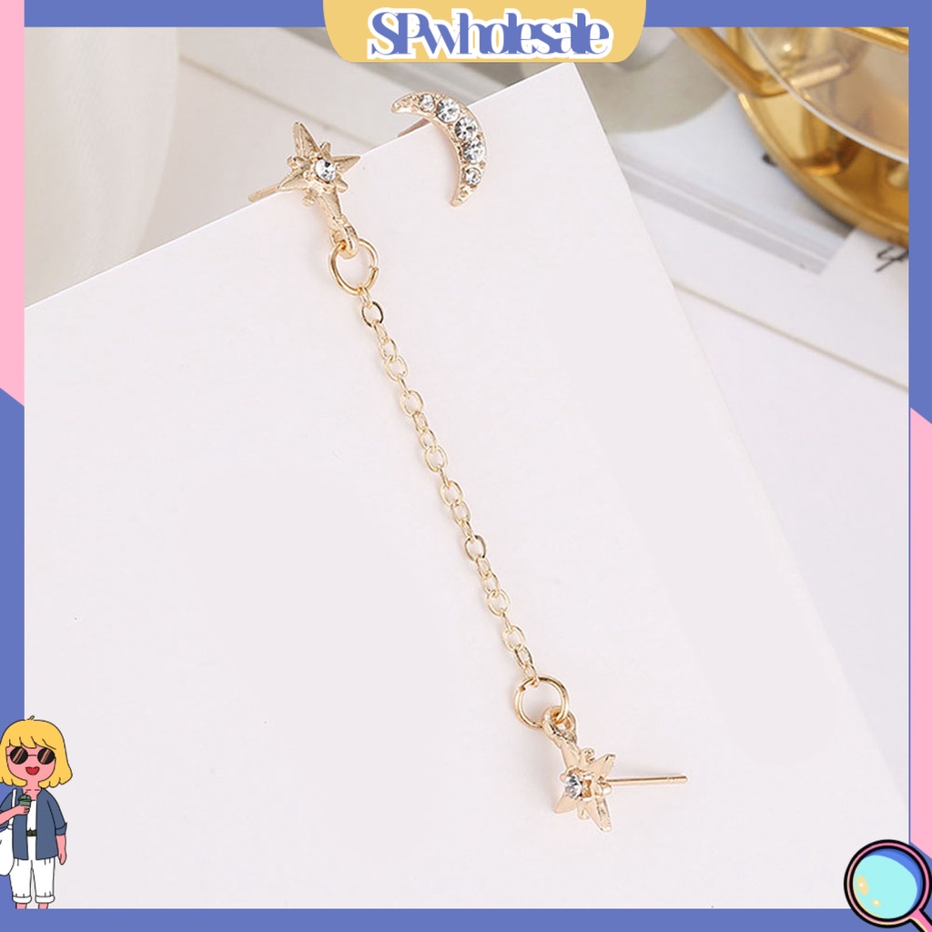 {SPwholesale} Set 2 đôi bông tai nữ thiết kế xỏ 3 lỗ mặt hình mặt trăng ngôi sao