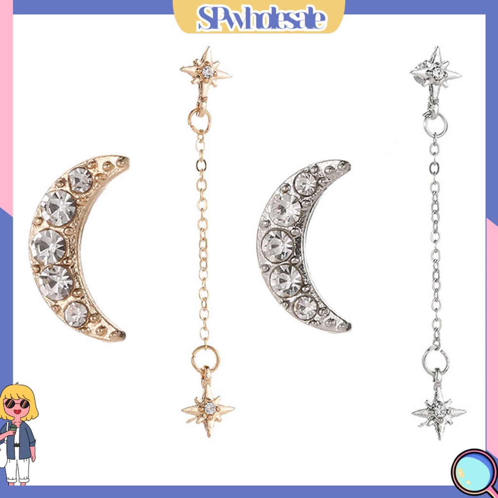 {SPwholesale} Set 2 đôi bông tai nữ thiết kế xỏ 3 lỗ mặt hình mặt trăng ngôi sao