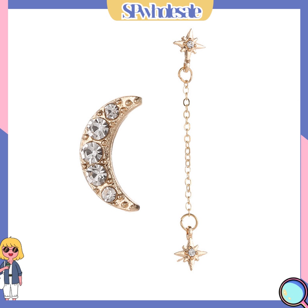 {SPwholesale} Set 2 đôi bông tai nữ thiết kế xỏ 3 lỗ mặt hình mặt trăng ngôi sao