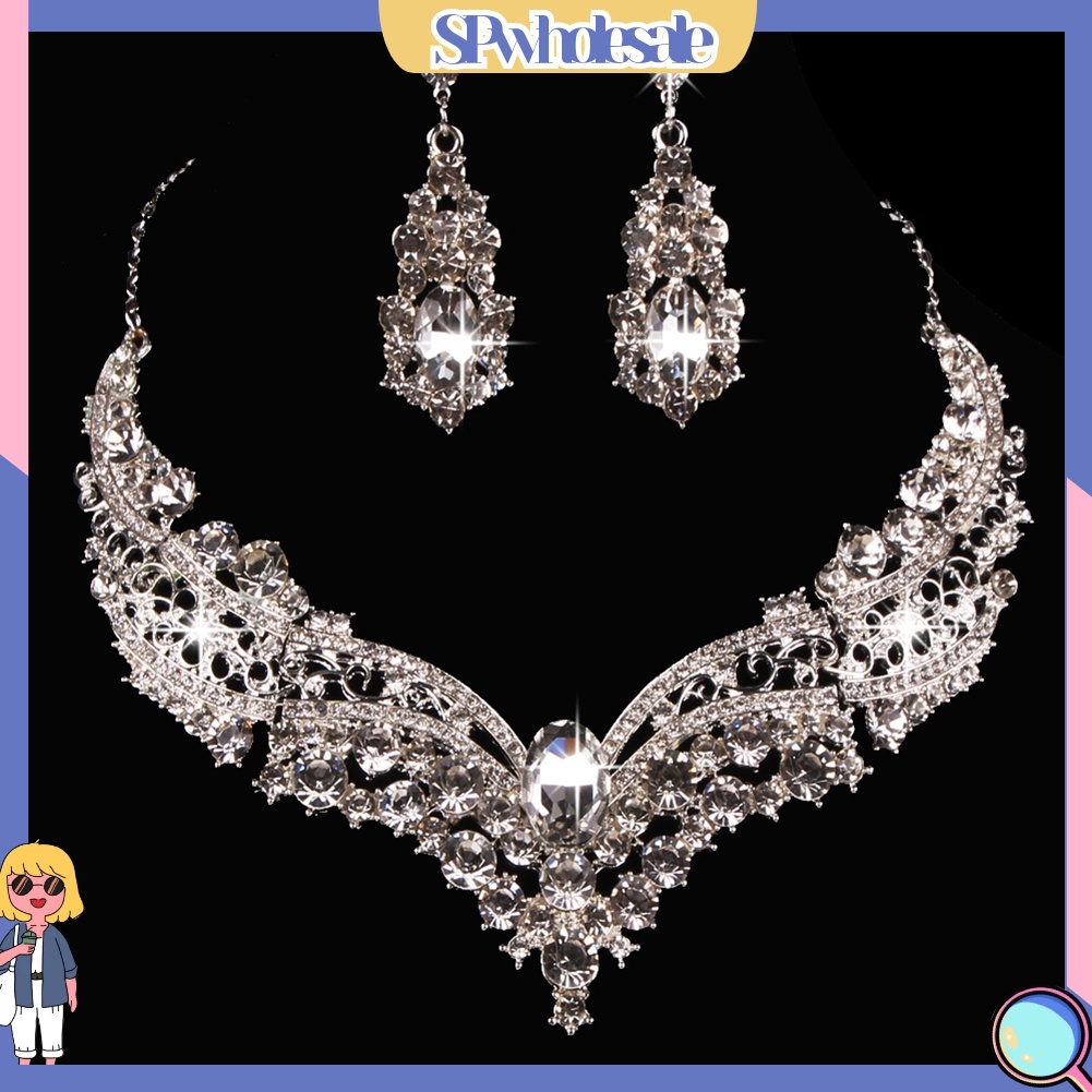 [SPwholesale] Bộ trang sức đính đá pha lê nhân tạo kiểu dáng sang trọng cho ngày cưới