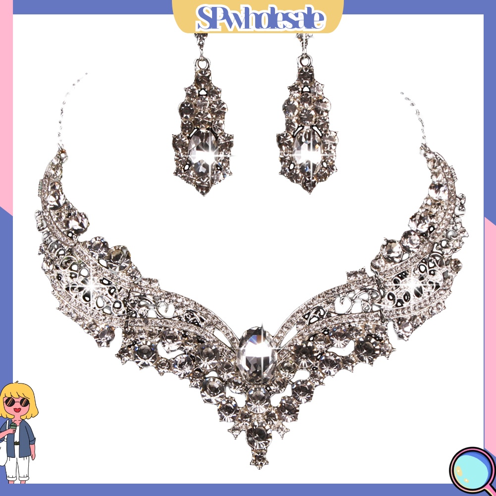 [SPwholesale] Bộ trang sức đính đá pha lê nhân tạo kiểu dáng sang trọng cho ngày cưới