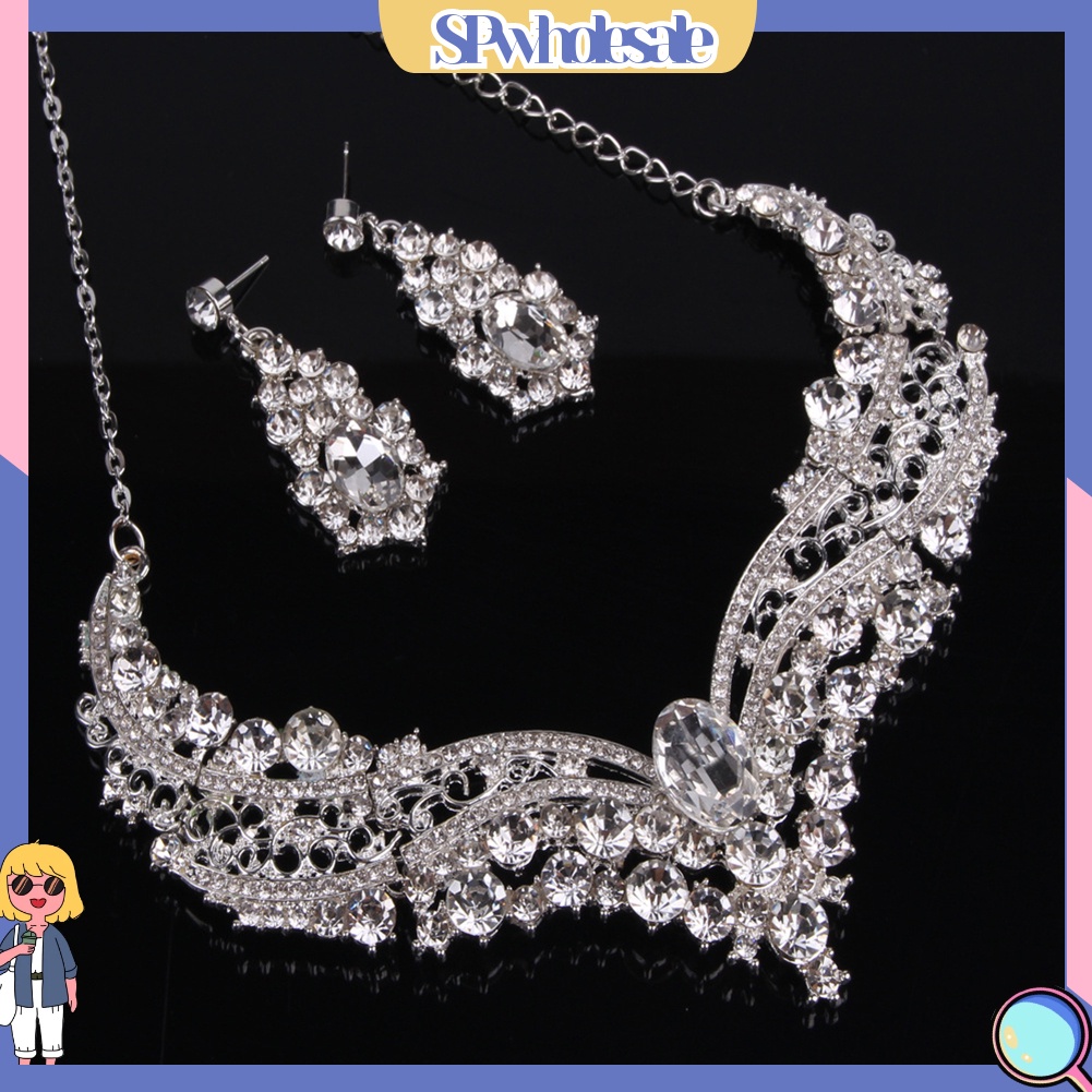 [SPwholesale] Bộ trang sức đính đá pha lê nhân tạo kiểu dáng sang trọng cho ngày cưới
