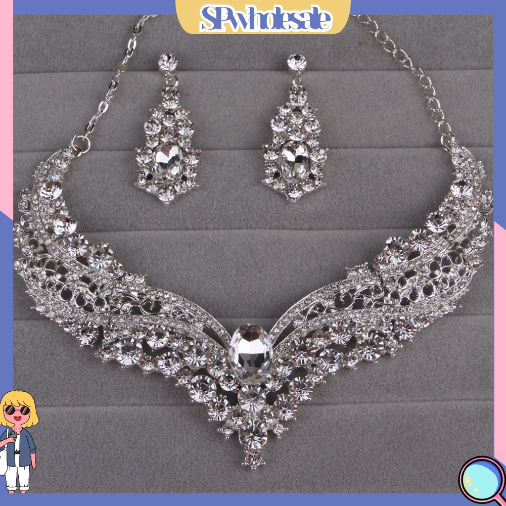 [SPwholesale] Bộ trang sức đính đá pha lê nhân tạo kiểu dáng sang trọng cho ngày cưới