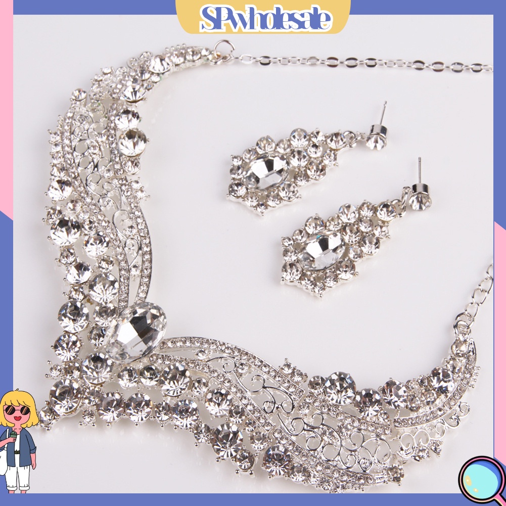 [SPwholesale] Bộ trang sức đính đá pha lê nhân tạo kiểu dáng sang trọng cho ngày cưới