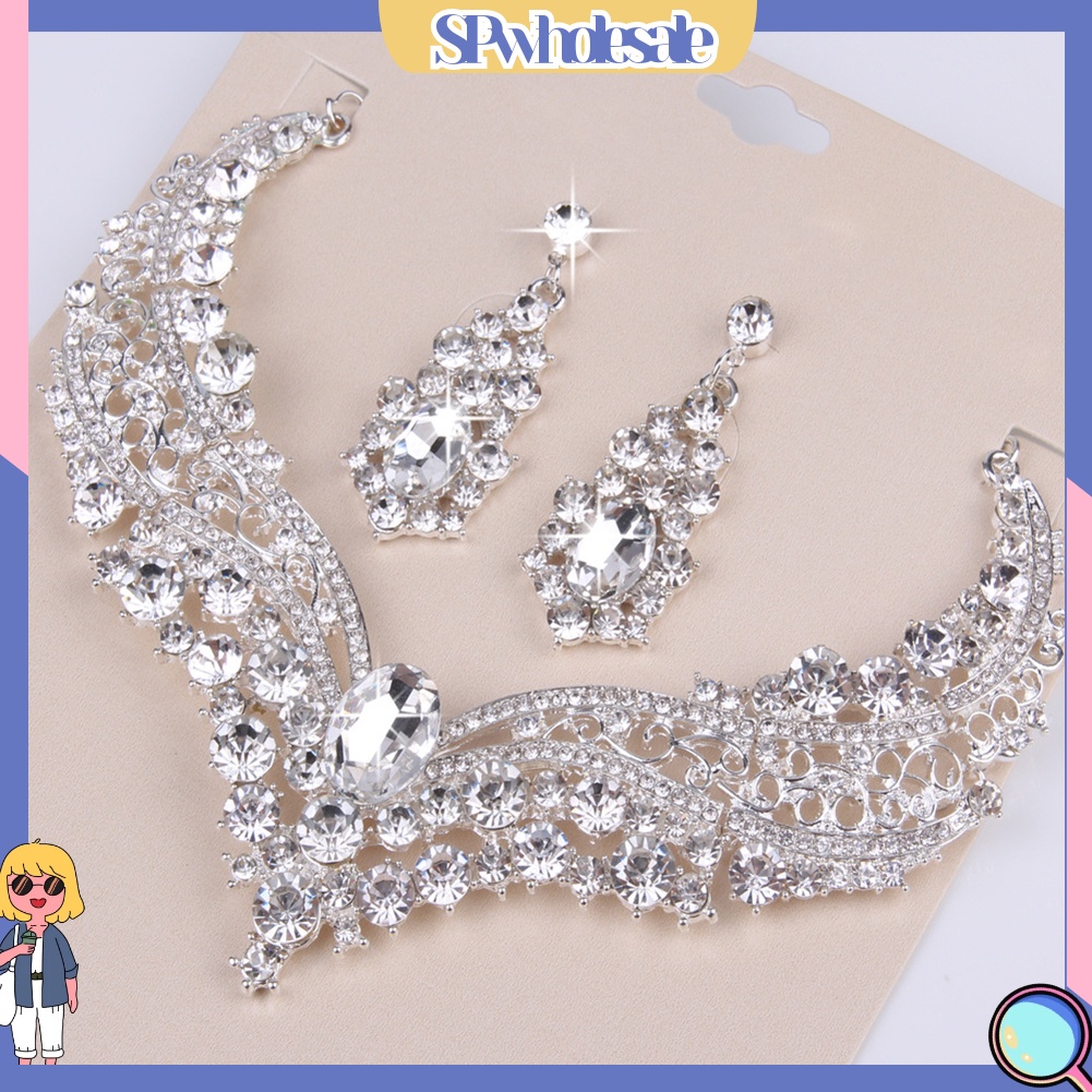 [SPwholesale] Bộ trang sức đính đá pha lê nhân tạo kiểu dáng sang trọng cho ngày cưới