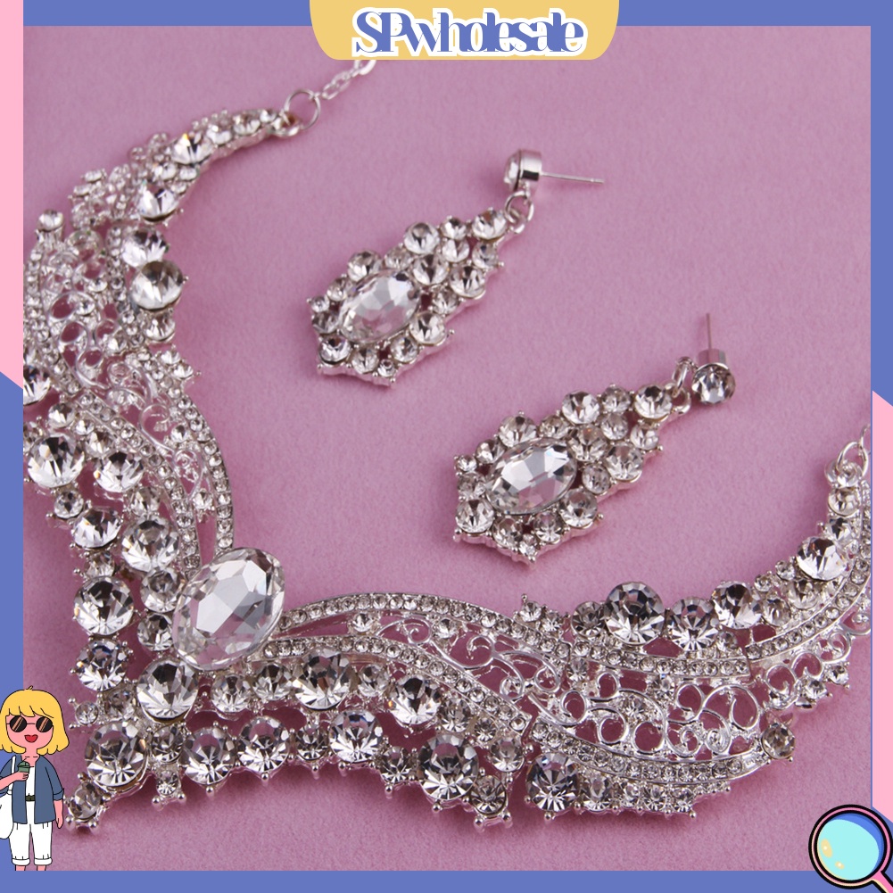 [SPwholesale] Bộ trang sức đính đá pha lê nhân tạo kiểu dáng sang trọng cho ngày cưới