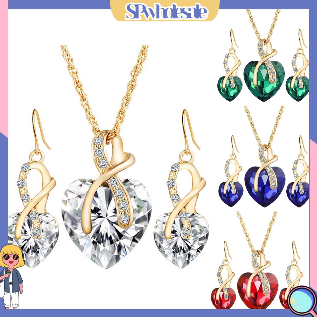 {SPwholesale} Bộ dây chuyền và khuyên tai đính đá zircon thời trang thanh lịch sang trọng cho nữ