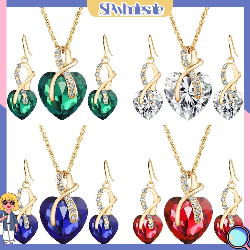 {SPwholesale} Bộ dây chuyền và khuyên tai đính đá zircon thời trang thanh lịch sang trọng cho nữ