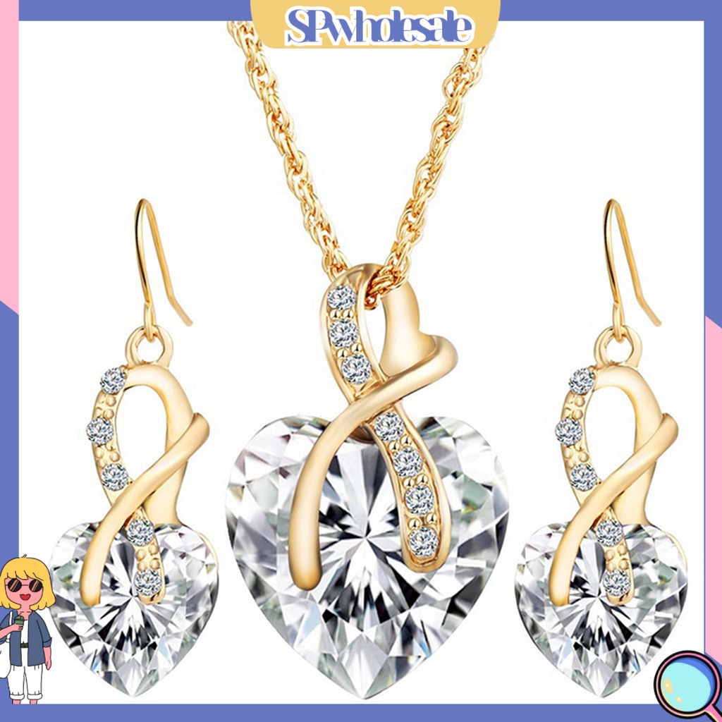 {SPwholesale} Bộ dây chuyền và khuyên tai đính đá zircon thời trang thanh lịch sang trọng cho nữ
