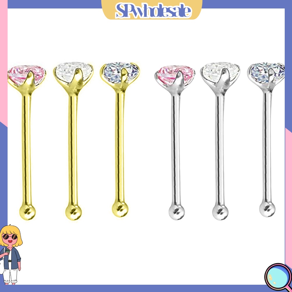 {SPwholesale} Set 3 khuyên xỏ mũi bằng thép không gỉ đính đá thời trang cá tính