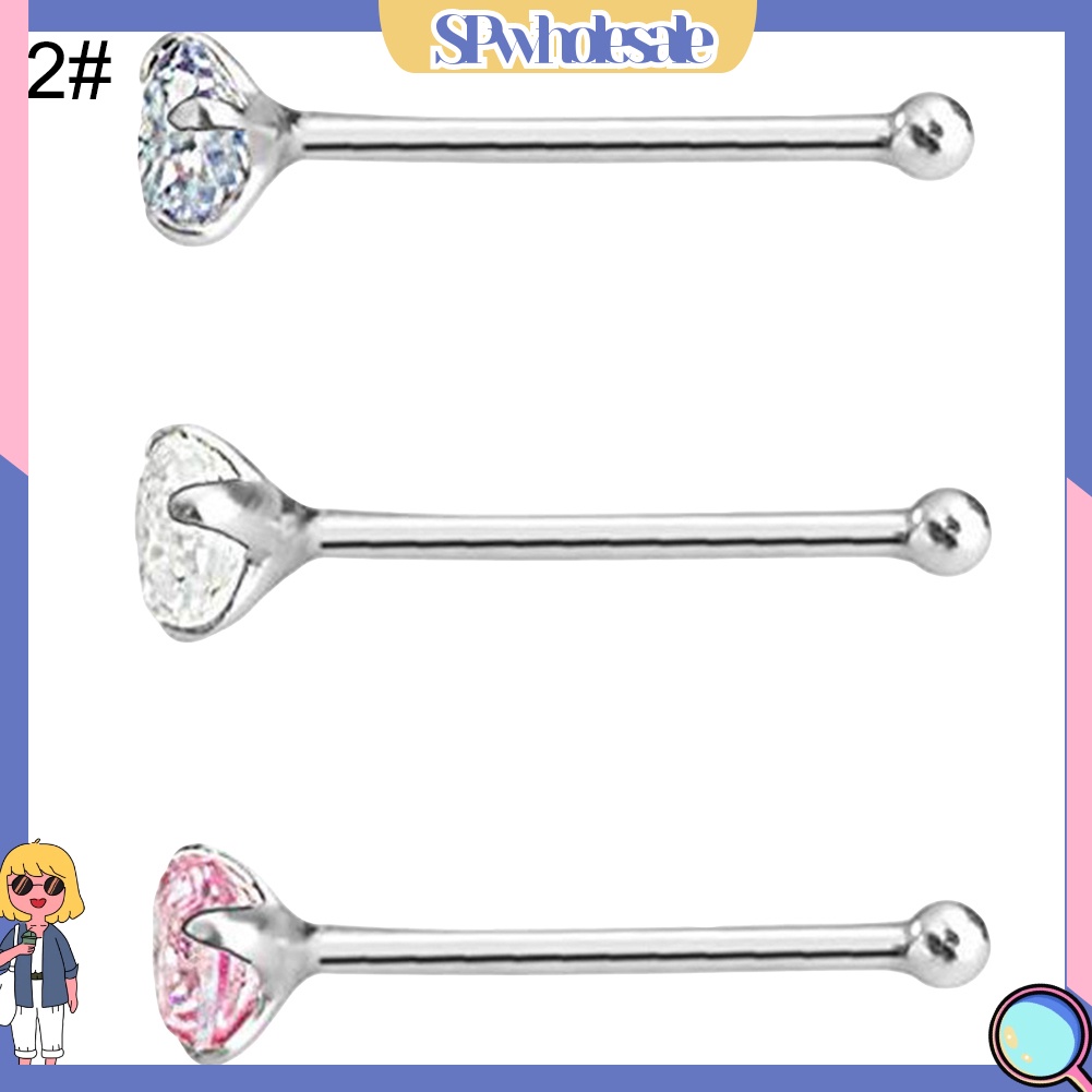 {SPwholesale} Set 3 khuyên xỏ mũi bằng thép không gỉ đính đá thời trang cá tính