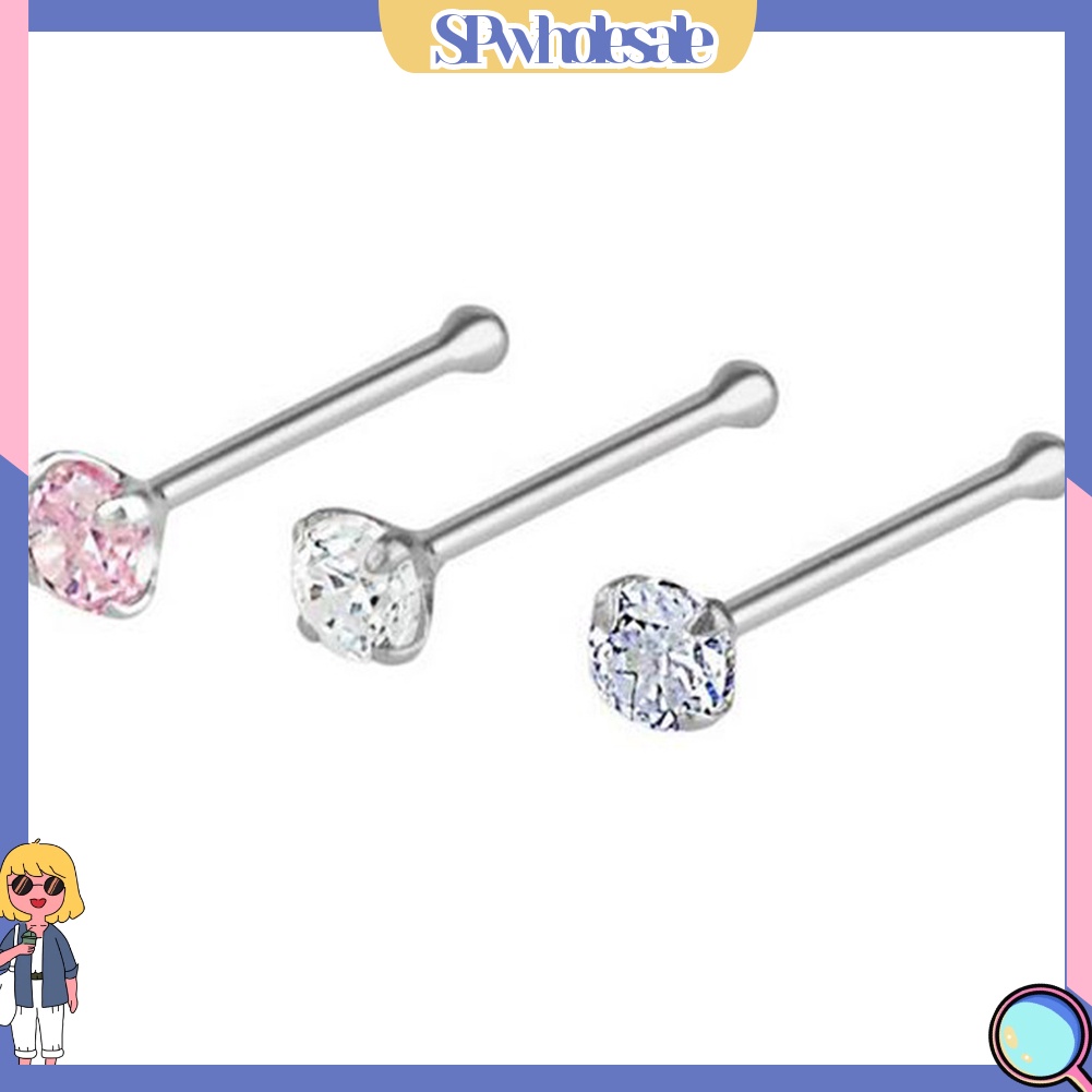 {SPwholesale} Set 3 khuyên xỏ mũi bằng thép không gỉ đính đá thời trang cá tính