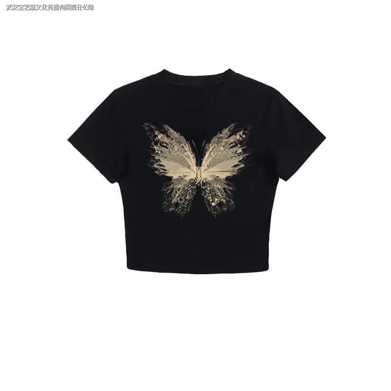 Áo Thun Cotton Mỏng Mùa Hè Dáng Ôm Tay Cộc In Họa Tiết Bướm Phong Cách Sang Trọng Nhẹ Nhàng Phong Cách Mới Cho Nữ