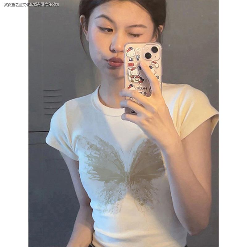 Áo Thun Cotton Mỏng Mùa Hè Dáng Ôm Tay Cộc In Họa Tiết Bướm Phong Cách Sang Trọng Nhẹ Nhàng Phong Cách Mới Cho Nữ