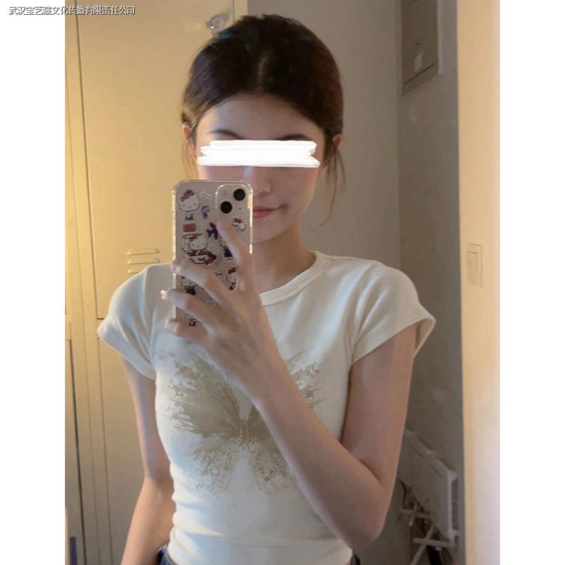 Áo Thun Cotton Mỏng Mùa Hè Dáng Ôm Tay Cộc In Họa Tiết Bướm Phong Cách Sang Trọng Nhẹ Nhàng Phong Cách Mới Cho Nữ