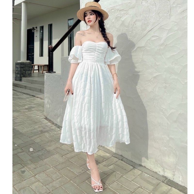Váy đầm nữ maxi đi biển dáng xòe cúp ngực trễ vai (có mút) thích hợp mặc đi tiệc đi chơi 108