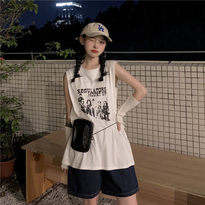 Jiashucheng Áo Thun Giả Hai Lớp Không Tay Dáng Rộng Phong Cách Retro Hong Kong Mùa Hè Cho Nữ Sinh