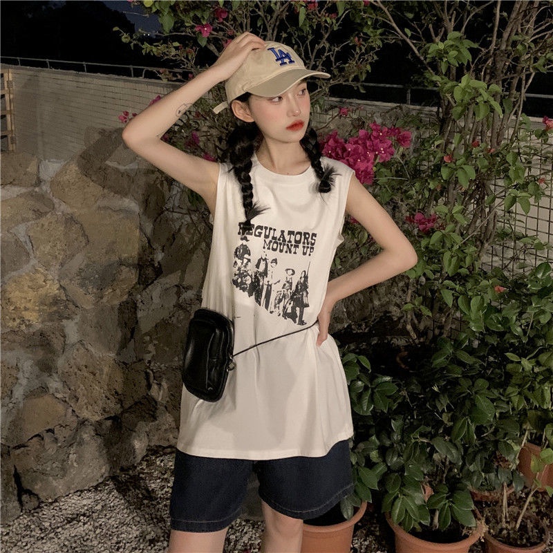 Jiashucheng Áo Thun Giả Hai Lớp Không Tay Dáng Rộng Phong Cách Retro Hong Kong Mùa Hè Cho Nữ Sinh