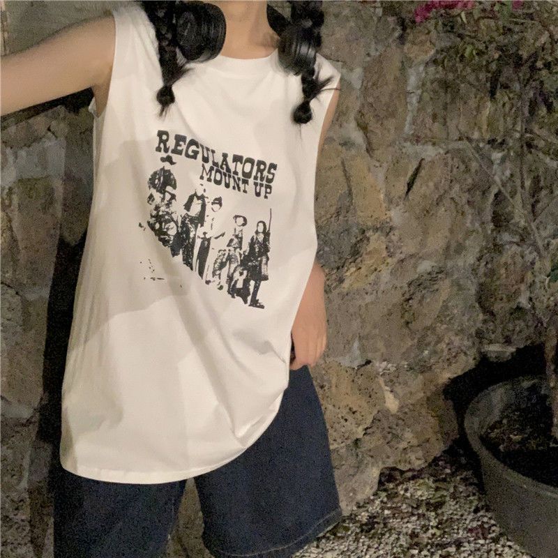 Jiashucheng Áo Thun Giả Hai Lớp Không Tay Dáng Rộng Phong Cách Retro Hong Kong Mùa Hè Cho Nữ Sinh