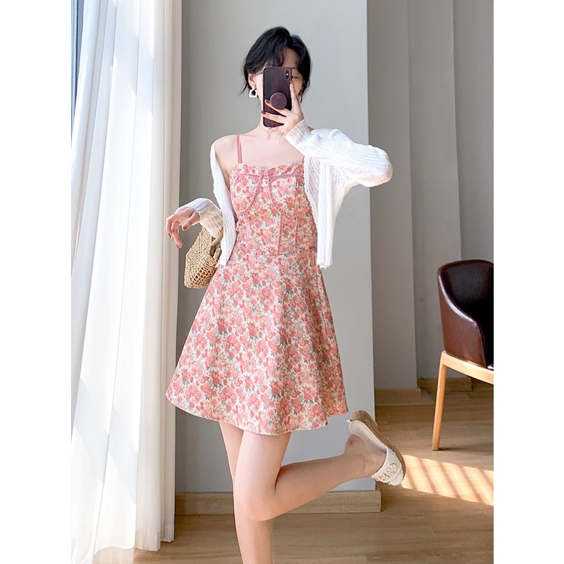 Đầm Ngắn Hai Dây Họa Tiết Hoa Phong Cách Pháp Thời Trang Mùa Hè Hàng Mới Dành Cho Bạn Nữ