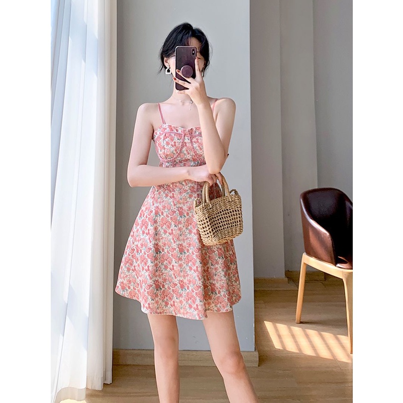 Đầm Ngắn Hai Dây Họa Tiết Hoa Phong Cách Pháp Thời Trang Mùa Hè Hàng Mới Dành Cho Bạn Nữ