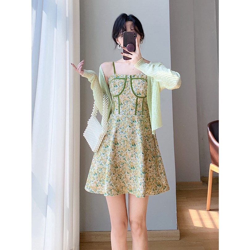 Đầm Ngắn Hai Dây Họa Tiết Hoa Phong Cách Pháp Thời Trang Mùa Hè Hàng Mới Dành Cho Bạn Nữ