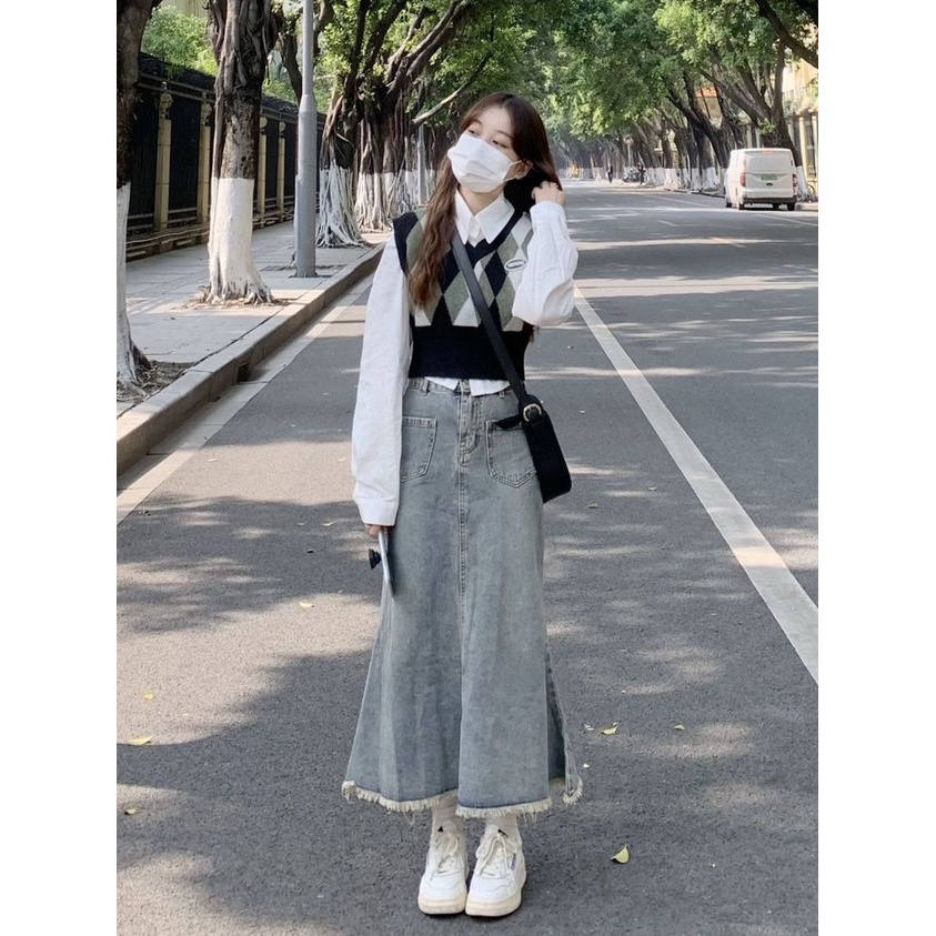 Jiashucheng Chân Váy Denim Đuôi Cá Lưng Cao Vừa Dáng Chữ A Sờn Phong Cách Xuân Thu Mới Dành Cho Bạn Nữ