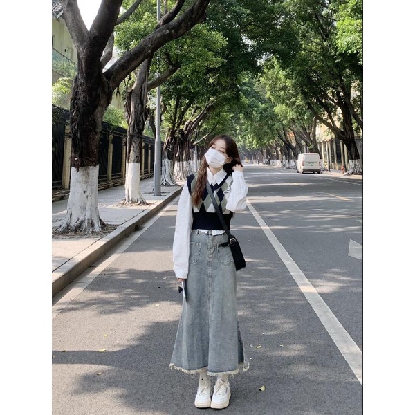 Jiashucheng Chân Váy Denim Đuôi Cá Lưng Cao Vừa Dáng Chữ A Sờn Phong Cách Xuân Thu Mới Dành Cho Bạn Nữ