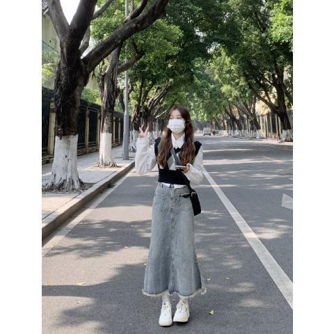 Jiashucheng Chân Váy Denim Đuôi Cá Lưng Cao Vừa Dáng Chữ A Sờn Phong Cách Xuân Thu Mới Dành Cho Bạn Nữ