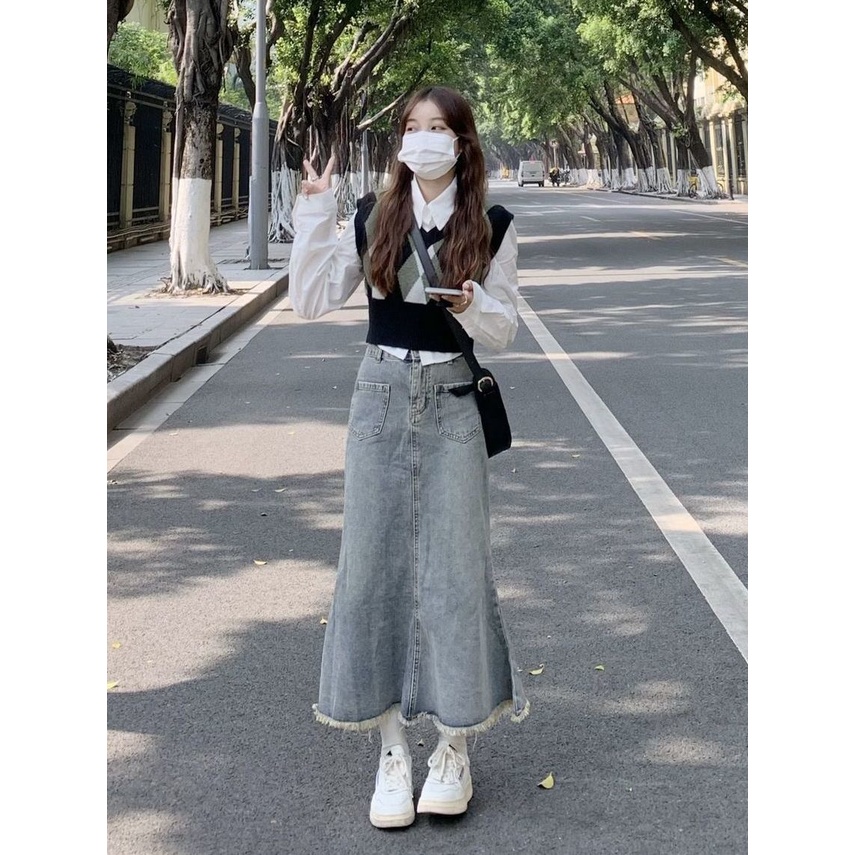 Jiashucheng Chân Váy Denim Đuôi Cá Lưng Cao Vừa Dáng Chữ A Sờn Phong Cách Xuân Thu Mới Dành Cho Bạn Nữ