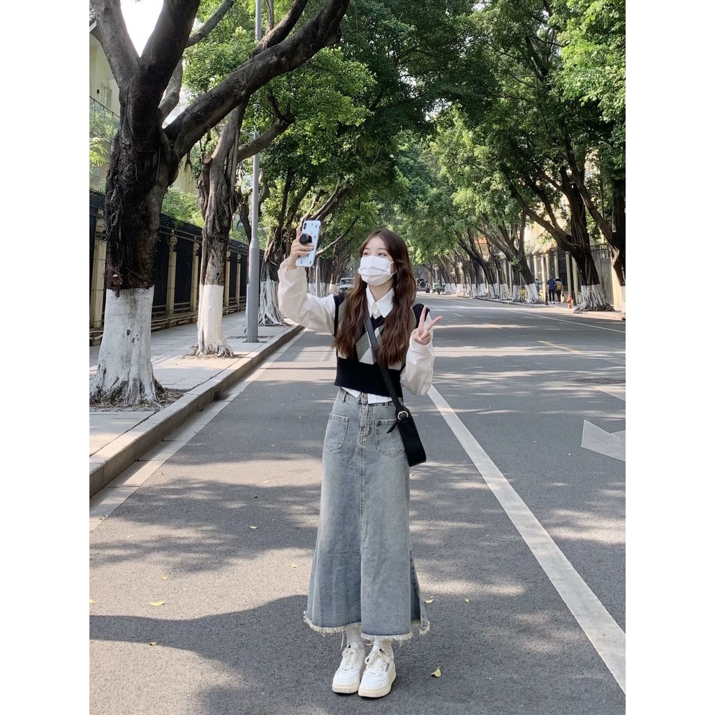 Jiashucheng Chân Váy Denim Đuôi Cá Lưng Cao Vừa Dáng Chữ A Sờn Phong Cách Xuân Thu Mới Dành Cho Bạn Nữ