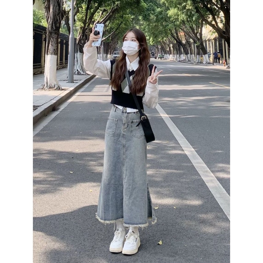 Jiashucheng Chân Váy Denim Đuôi Cá Lưng Cao Vừa Dáng Chữ A Sờn Phong Cách Xuân Thu Mới Dành Cho Bạn Nữ