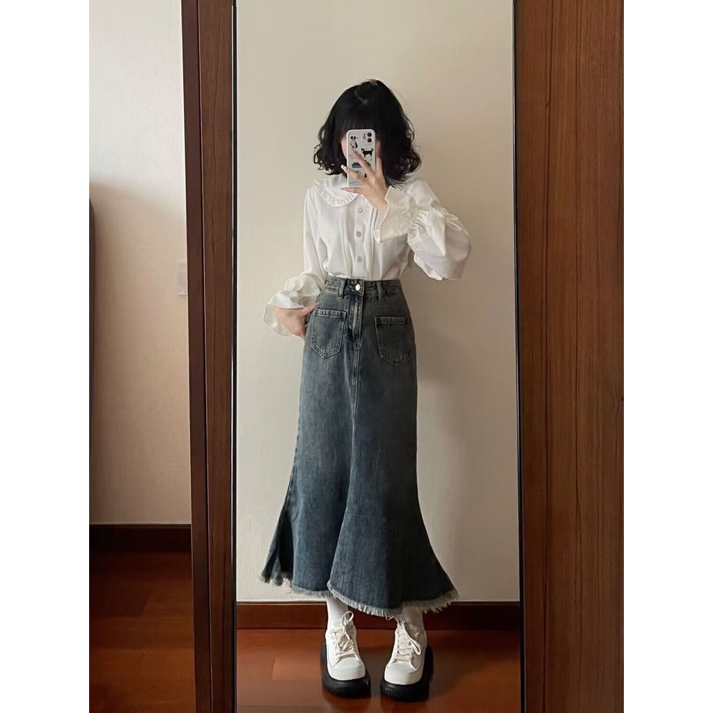 Jiashucheng Chân Váy Denim Đuôi Cá Dáng Ôm Thời Trang Xuân Hè Cho Nữ