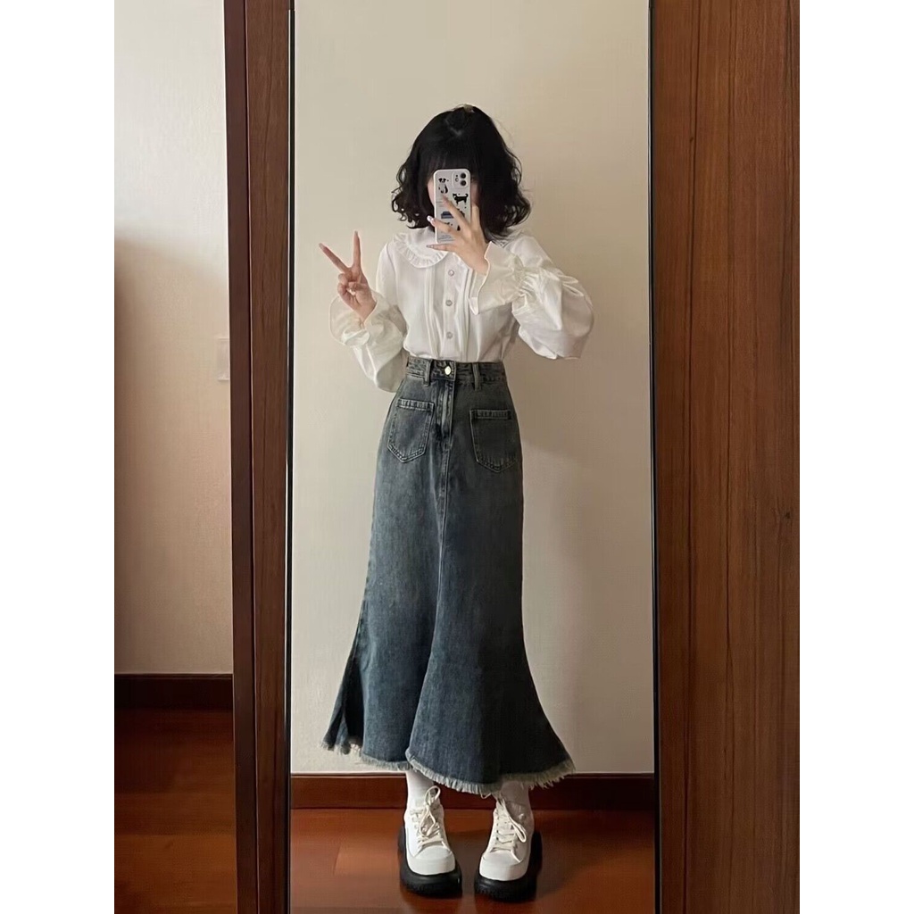 Jiashucheng Chân Váy Denim Đuôi Cá Dáng Ôm Thời Trang Xuân Hè Cho Nữ