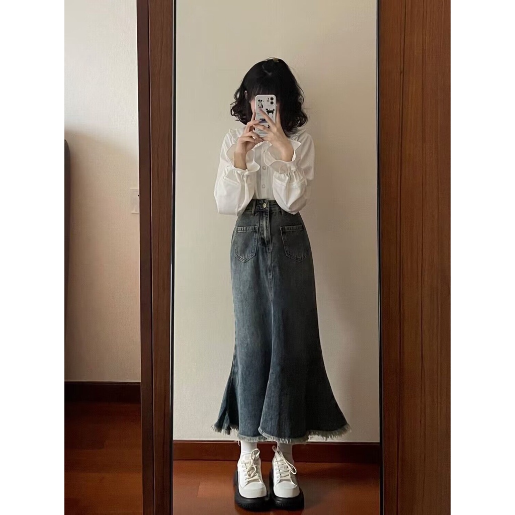 Jiashucheng Chân Váy Denim Đuôi Cá Dáng Ôm Thời Trang Xuân Hè Cho Nữ