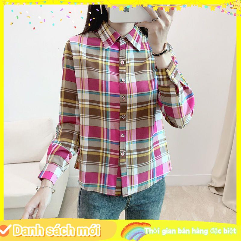 Áo Sơ Mi Caro Tay Dài Cổ Điển Dễ Phối Đồ Thời Trang Xuân Thu Cho Nữ