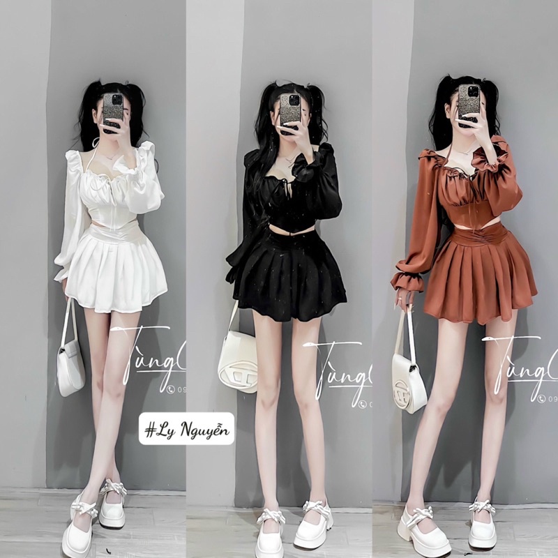 Set Thiết Kế Tay Phồng Chân Váy Xếp Ly